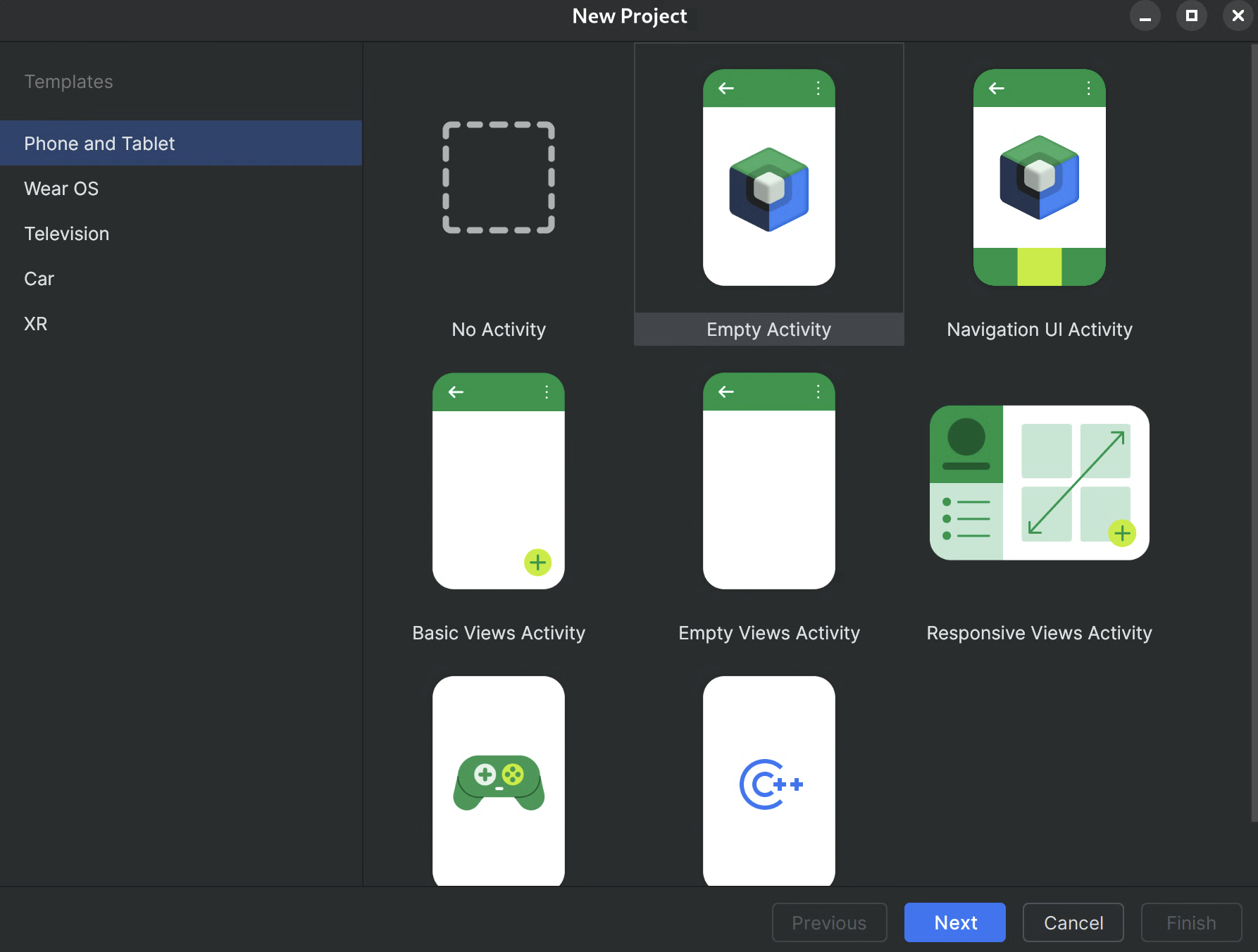 Android Studio का 'नया प्रोजेक्ट' डायलॉग बॉक्स. इसमें Studio की ओर से बनाई जाने वाली गतिविधियों की बिल्ट-इन सूची दिख रही है.